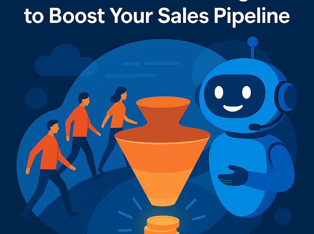 Hero illustration showing an AI chatbot guiding visitors into a glowing sales funnel that converts into leads and revenue.