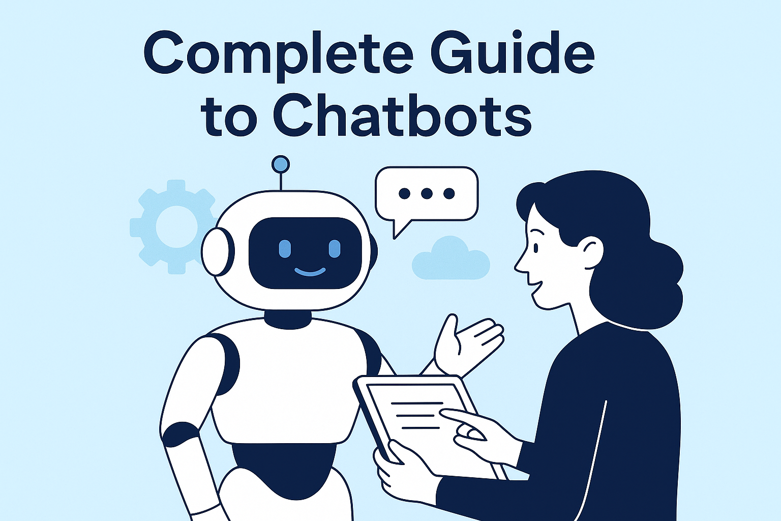 Complete Guide to Chatbots illustration showing AI chatbot interaction with customer