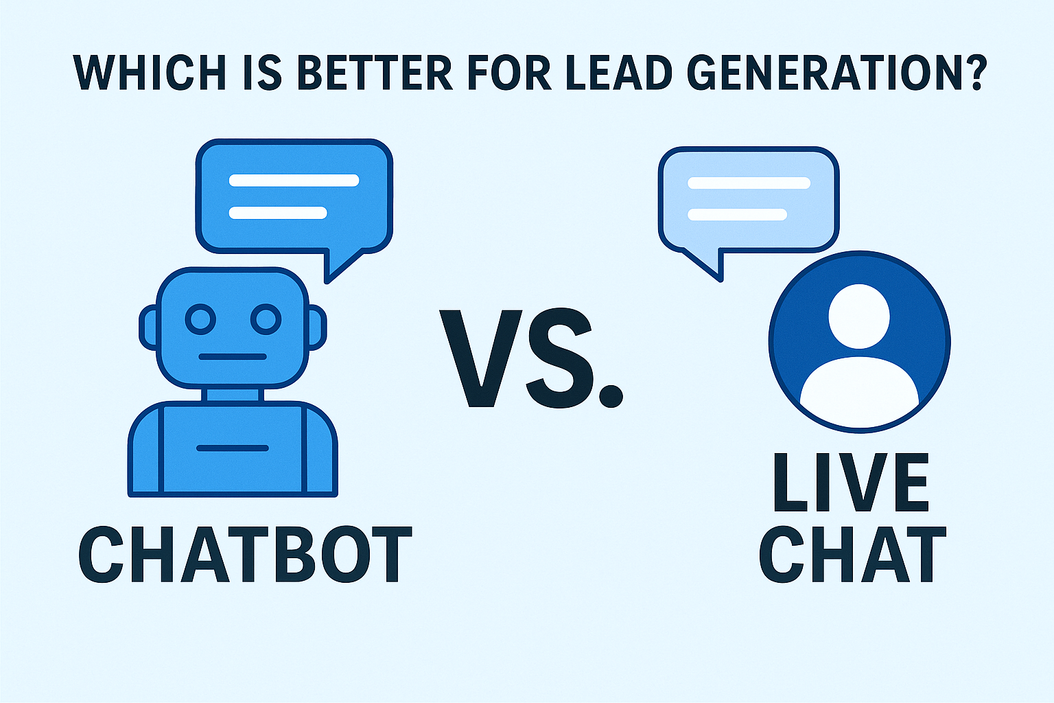 Hero image comparing chatbot vs live chat for lead generation, showing AI bot icon versus human agent icon with text 'Which is better for lead generation?'.