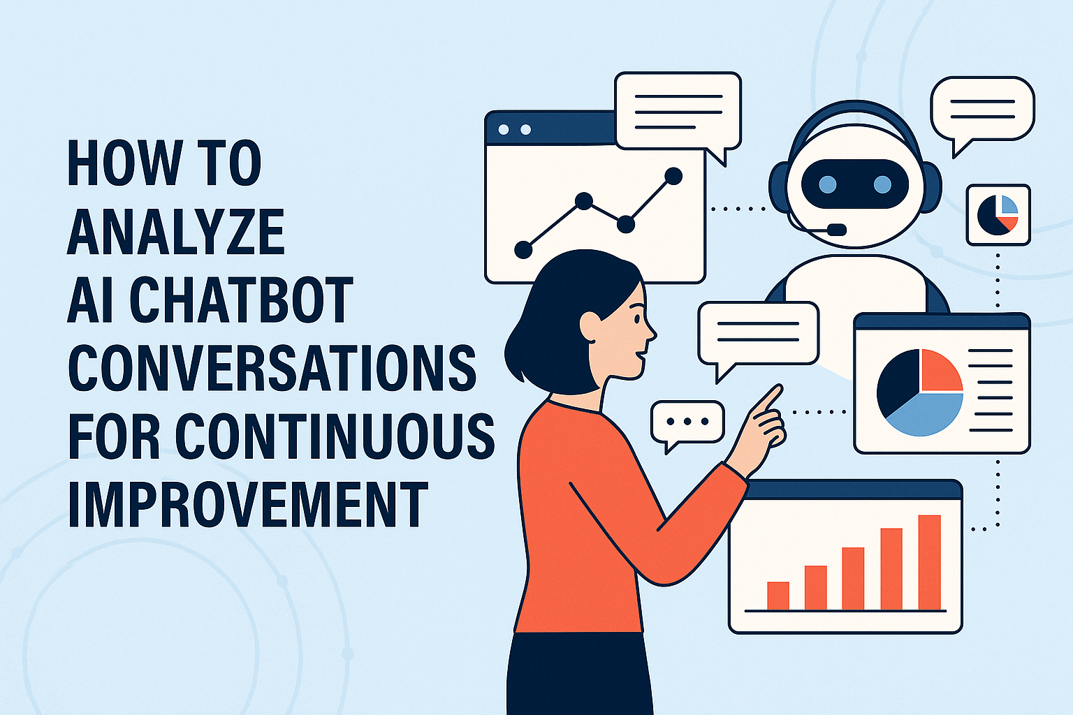 Illustration of a woman interacting with an AI chatbot, with conversation bubbles and analytics charts representing analysis and continuous improvement of chatbot conversations.